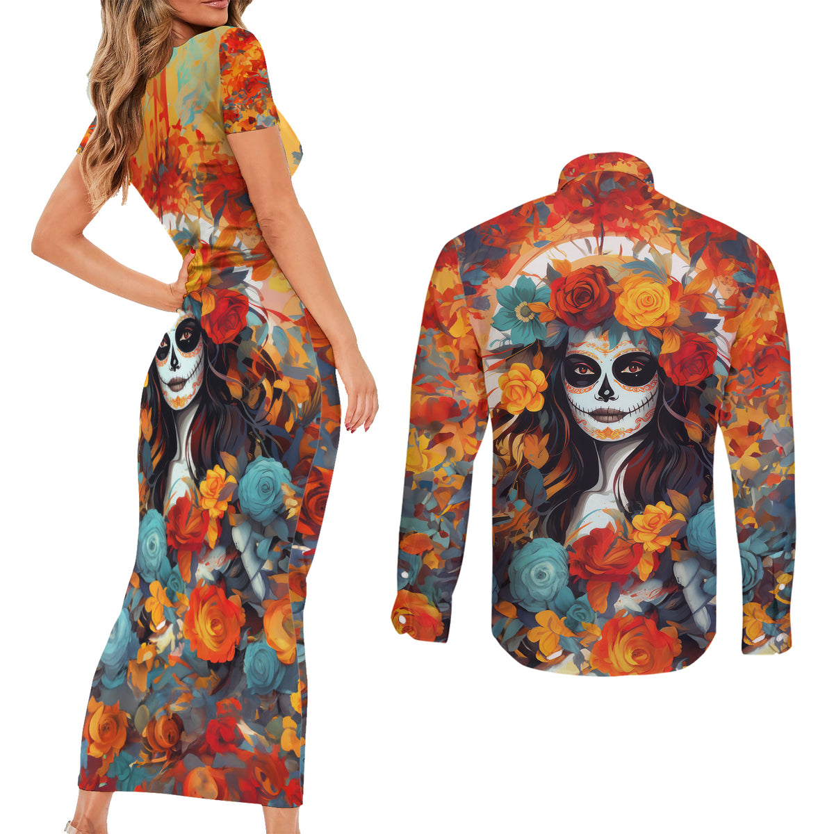 Day of Dead Lady Couples Matching Short Sleeve Bodycon Dress and Long Sleeve Button Shirt Sugar Skull Field Rose Lady - Wonder Print Shop