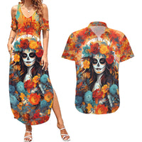 Day of Dead Lady Couples Matching Summer Maxi Dress and Hawaiian Shirt Sugar Skull Field Rose Lady - Wonder Print Shop