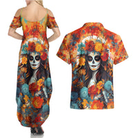 Day of Dead Lady Couples Matching Summer Maxi Dress and Hawaiian Shirt Sugar Skull Field Rose Lady - Wonder Print Shop