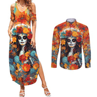 Day of Dead Lady Couples Matching Summer Maxi Dress and Long Sleeve Button Shirt Sugar Skull Field Rose Lady - Wonder Print Shop