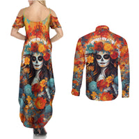 Day of Dead Lady Couples Matching Summer Maxi Dress and Long Sleeve Button Shirt Sugar Skull Field Rose Lady - Wonder Print Shop