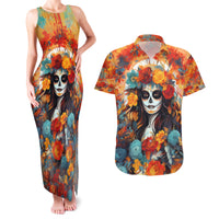 Day of Dead Lady Couples Matching Tank Maxi Dress and Hawaiian Shirt Sugar Skull Field Rose Lady - Wonder Print Shop