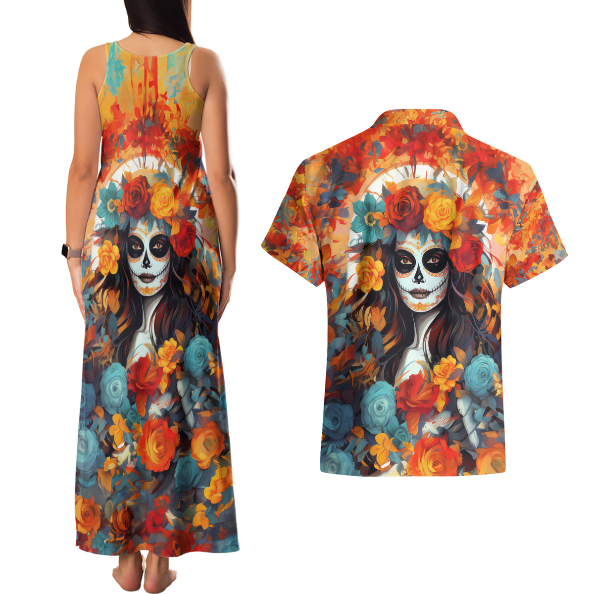 Day of Dead Lady Couples Matching Tank Maxi Dress and Hawaiian Shirt Sugar Skull Field Rose Lady - Wonder Print Shop