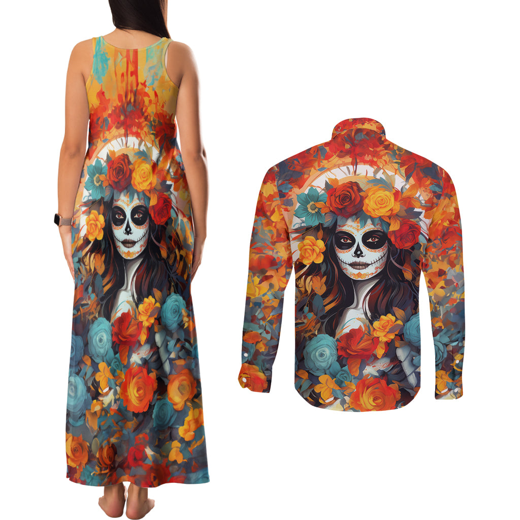 Day of Dead Lady Couples Matching Tank Maxi Dress and Long Sleeve Button Shirt Sugar Skull Field Rose Lady - Wonder Print Shop