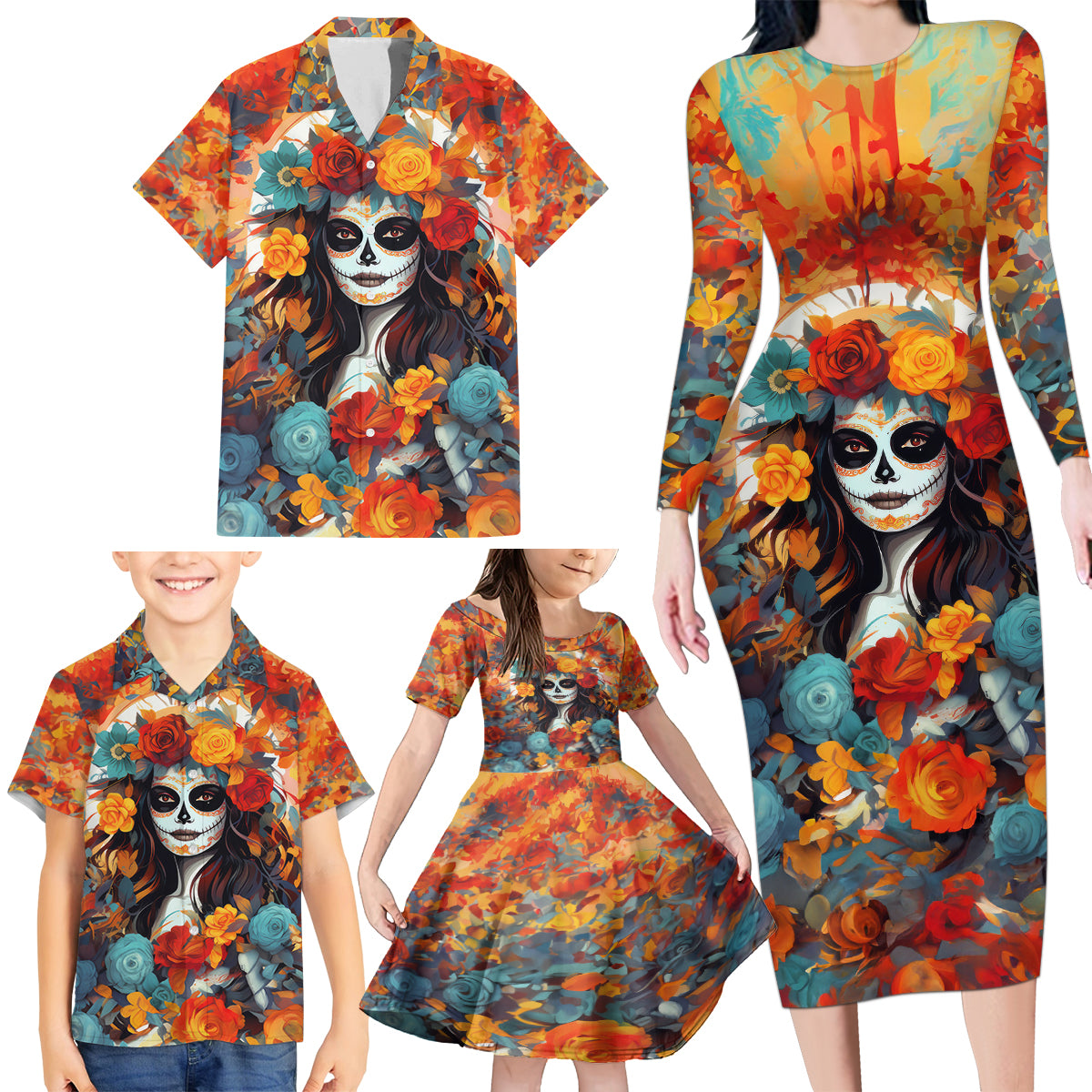 Day of Dead Lady Family Matching Long Sleeve Bodycon Dress and Hawaiian Shirt Sugar Skull Field Rose Lady - Wonder Print Shop