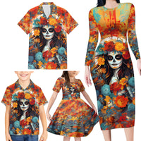 Day of Dead Lady Family Matching Long Sleeve Bodycon Dress and Hawaiian Shirt Sugar Skull Field Rose Lady - Wonder Print Shop