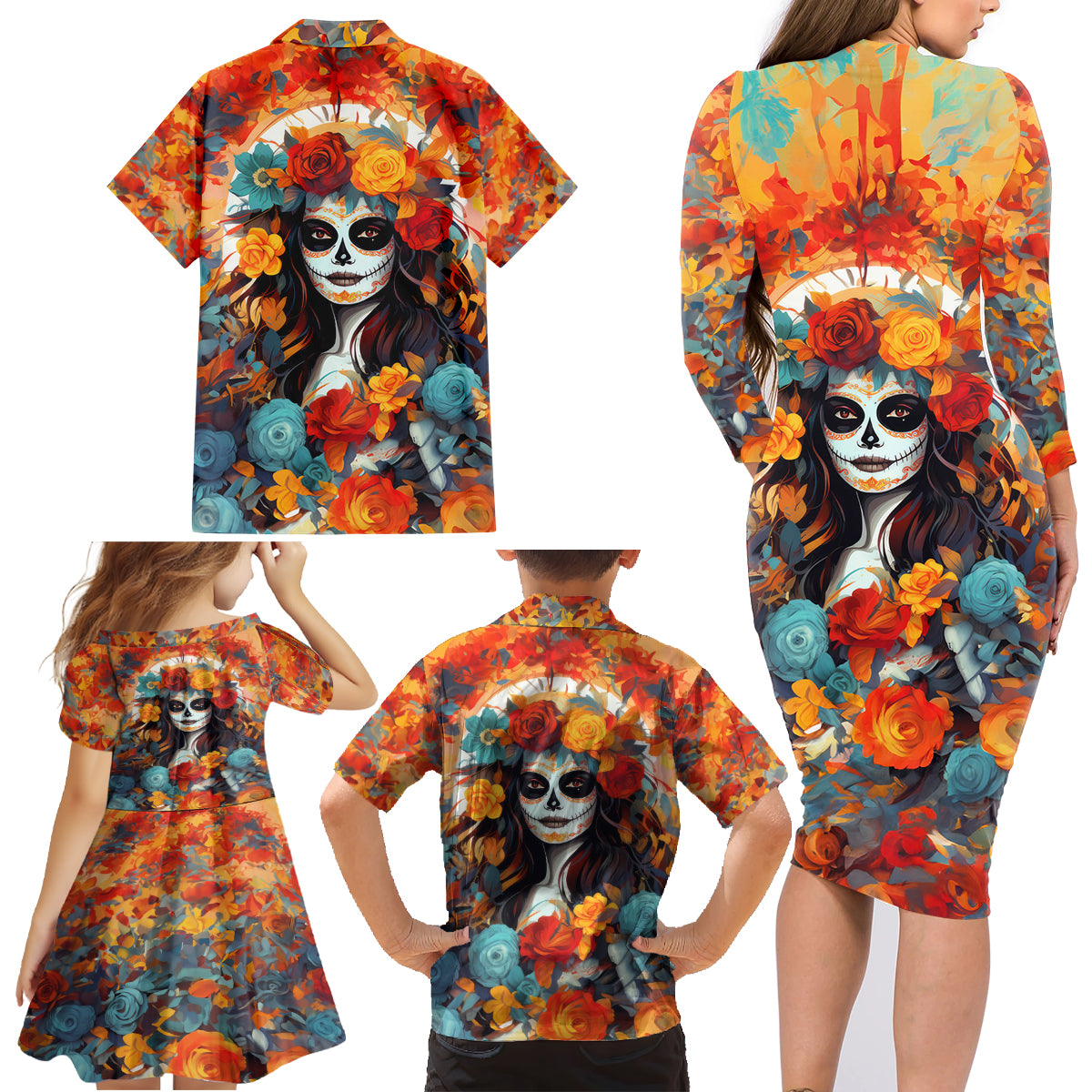 Day of Dead Lady Family Matching Long Sleeve Bodycon Dress and Hawaiian Shirt Sugar Skull Field Rose Lady - Wonder Print Shop