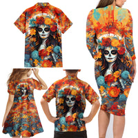 Day of Dead Lady Family Matching Long Sleeve Bodycon Dress and Hawaiian Shirt Sugar Skull Field Rose Lady - Wonder Print Shop