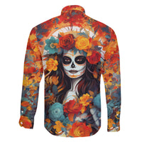 Day of Dead Lady Family Matching Long Sleeve Bodycon Dress and Hawaiian Shirt Sugar Skull Field Rose Lady - Wonder Print Shop