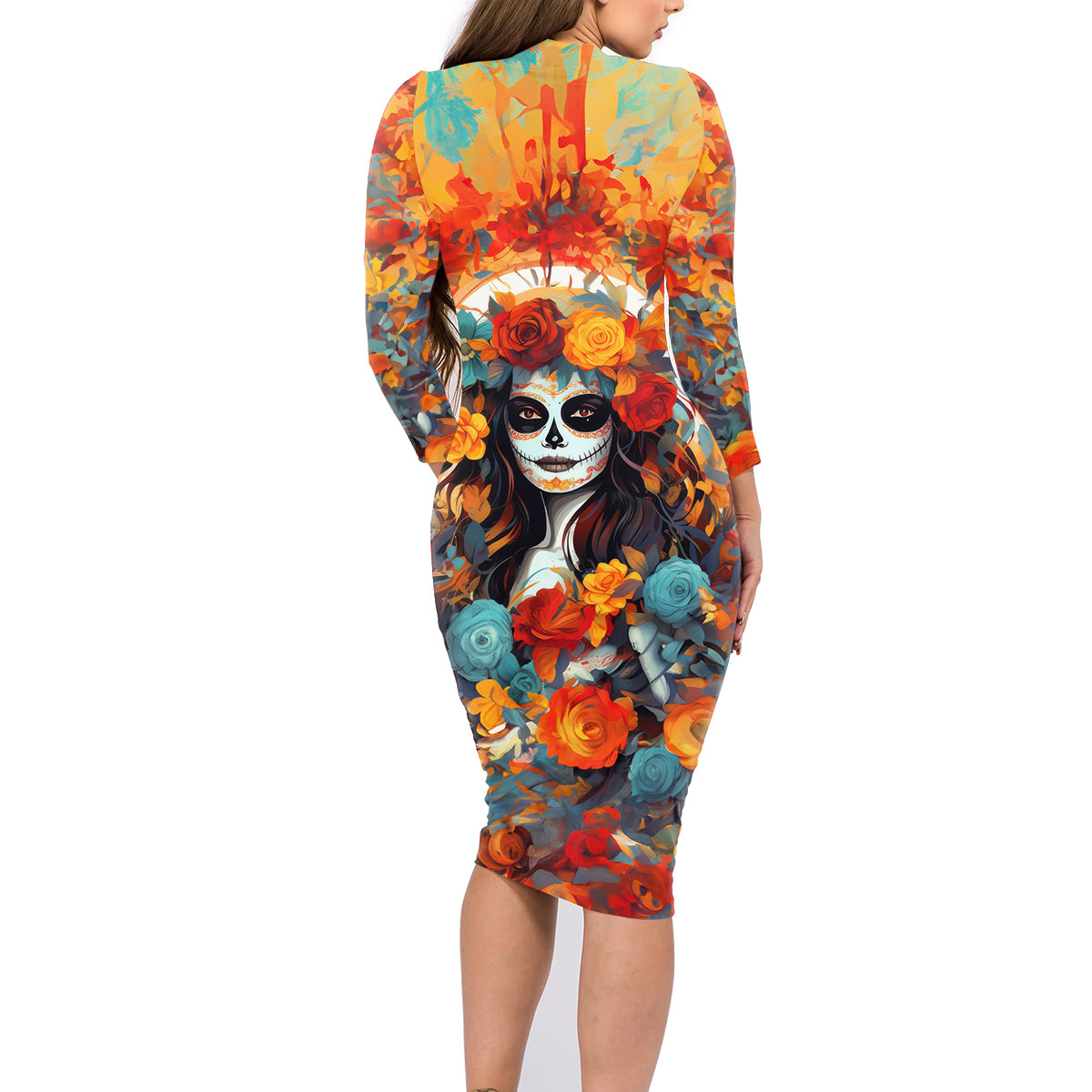Day of Dead Lady Family Matching Long Sleeve Bodycon Dress and Hawaiian Shirt Sugar Skull Field Rose Lady - Wonder Print Shop