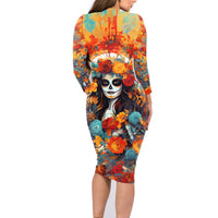 Day of Dead Lady Family Matching Long Sleeve Bodycon Dress and Hawaiian Shirt Sugar Skull Field Rose Lady - Wonder Print Shop