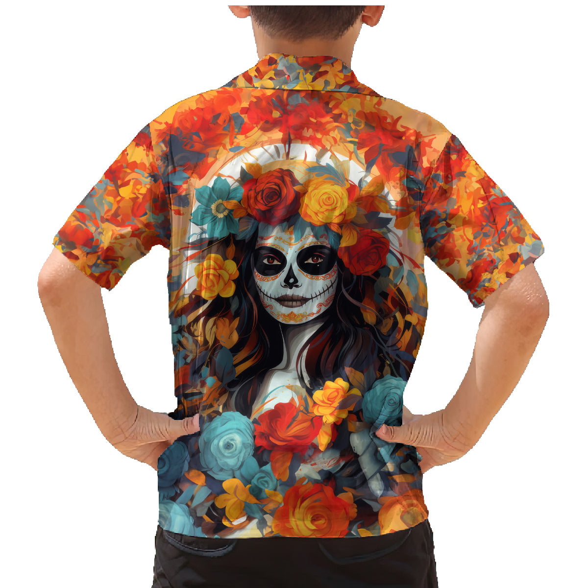 Day of Dead Lady Family Matching Mermaid Dress and Hawaiian Shirt Sugar Skull Field Rose Lady - Wonder Print Shop