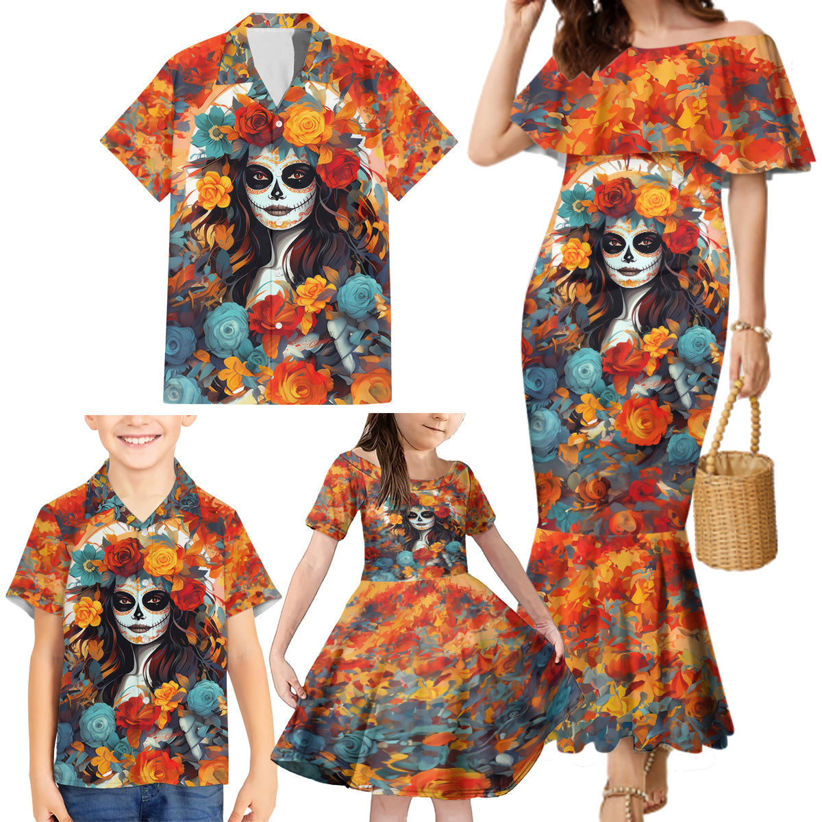 Day of Dead Lady Family Matching Mermaid Dress and Hawaiian Shirt Sugar Skull Field Rose Lady - Wonder Print Shop