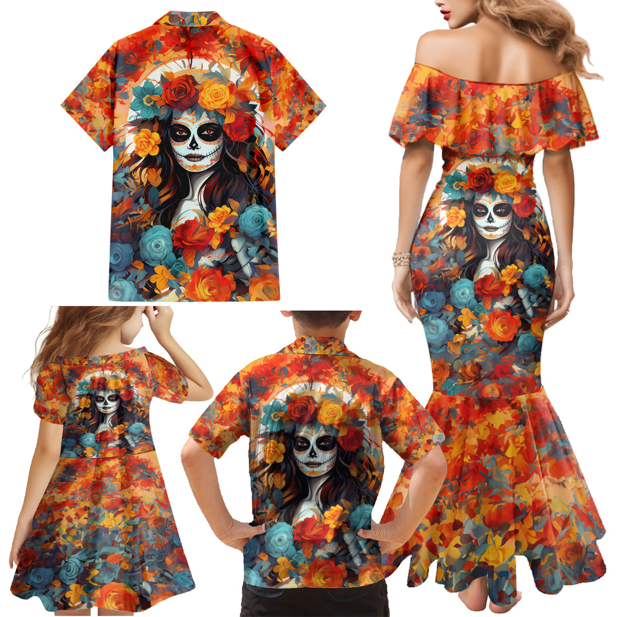 Day of Dead Lady Family Matching Mermaid Dress and Hawaiian Shirt Sugar Skull Field Rose Lady - Wonder Print Shop