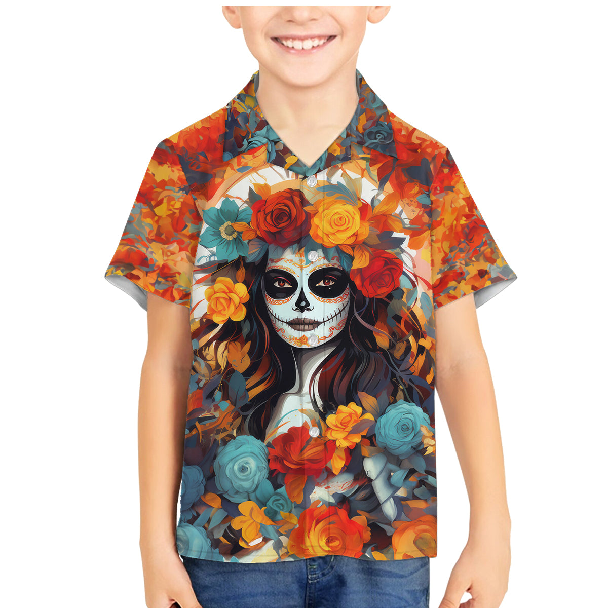 Day of Dead Lady Family Matching Mermaid Dress and Hawaiian Shirt Sugar Skull Field Rose Lady - Wonder Print Shop