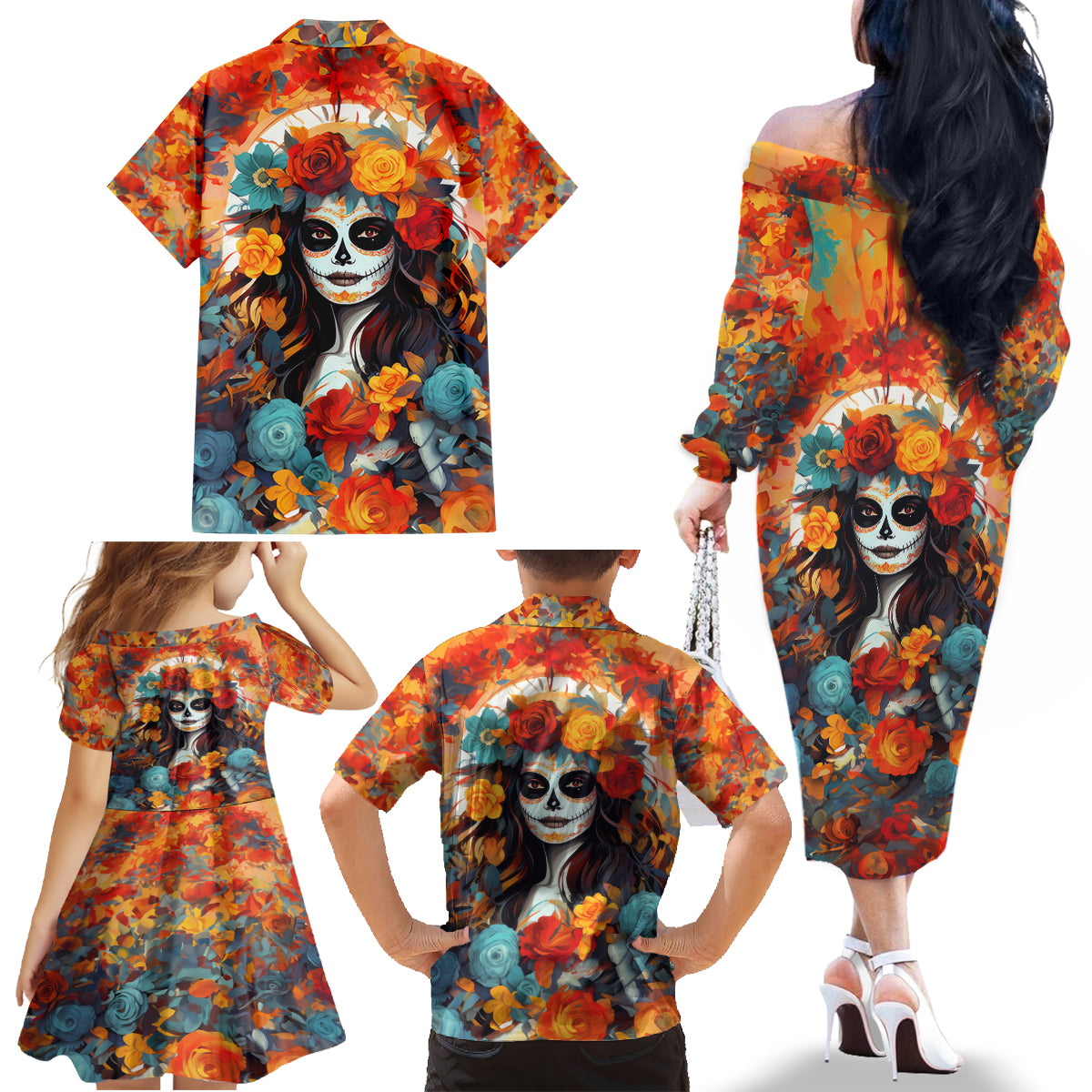Day of Dead Lady Family Matching Off Shoulder Long Sleeve Dress and Hawaiian Shirt Sugar Skull Field Rose Lady - Wonder Print Shop