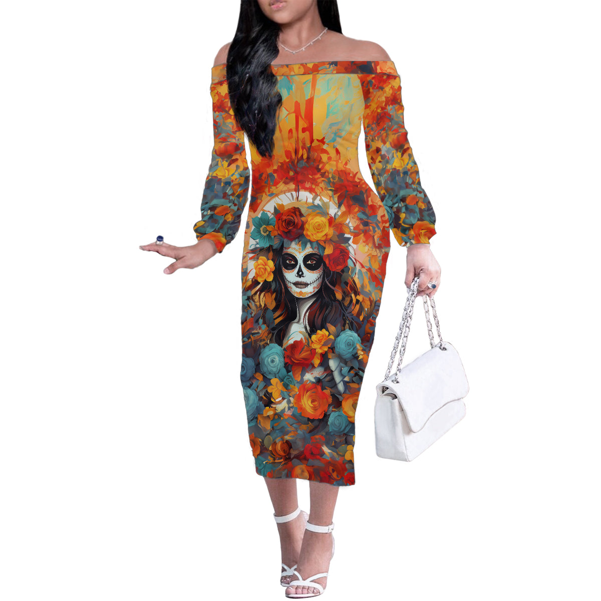 Day of Dead Lady Family Matching Off Shoulder Long Sleeve Dress and Hawaiian Shirt Sugar Skull Field Rose Lady - Wonder Print Shop