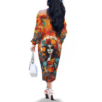 Day of Dead Lady Family Matching Off Shoulder Long Sleeve Dress and Hawaiian Shirt Sugar Skull Field Rose Lady - Wonder Print Shop