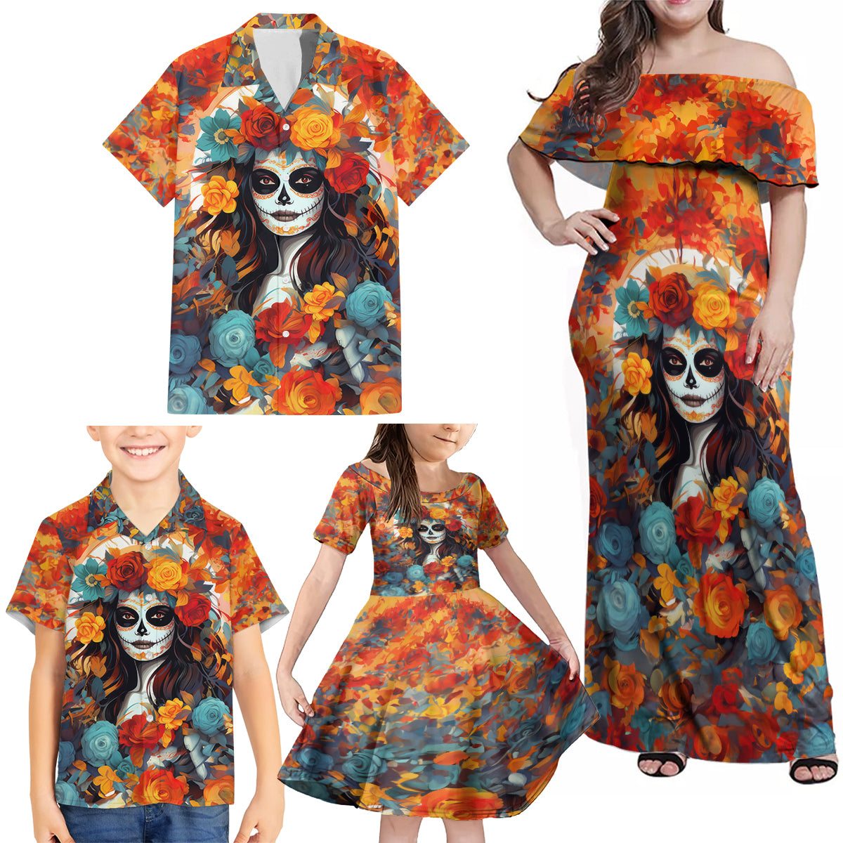 Day of Dead Lady Family Matching Off Shoulder Maxi Dress and Hawaiian Shirt Sugar Skull Field Rose Lady - Wonder Print Shop