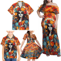 Day of Dead Lady Family Matching Off Shoulder Maxi Dress and Hawaiian Shirt Sugar Skull Field Rose Lady - Wonder Print Shop