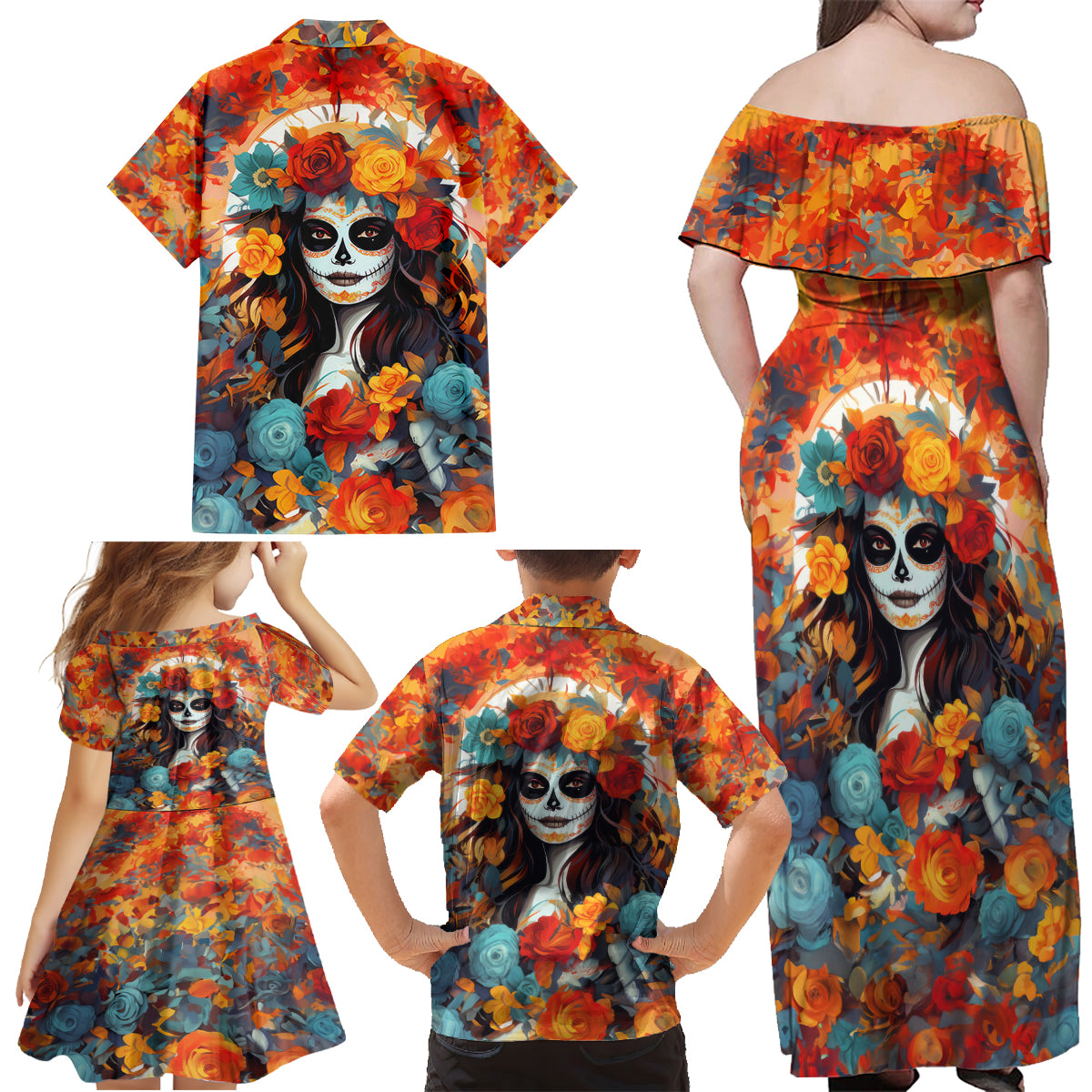 Day of Dead Lady Family Matching Off Shoulder Maxi Dress and Hawaiian Shirt Sugar Skull Field Rose Lady - Wonder Print Shop