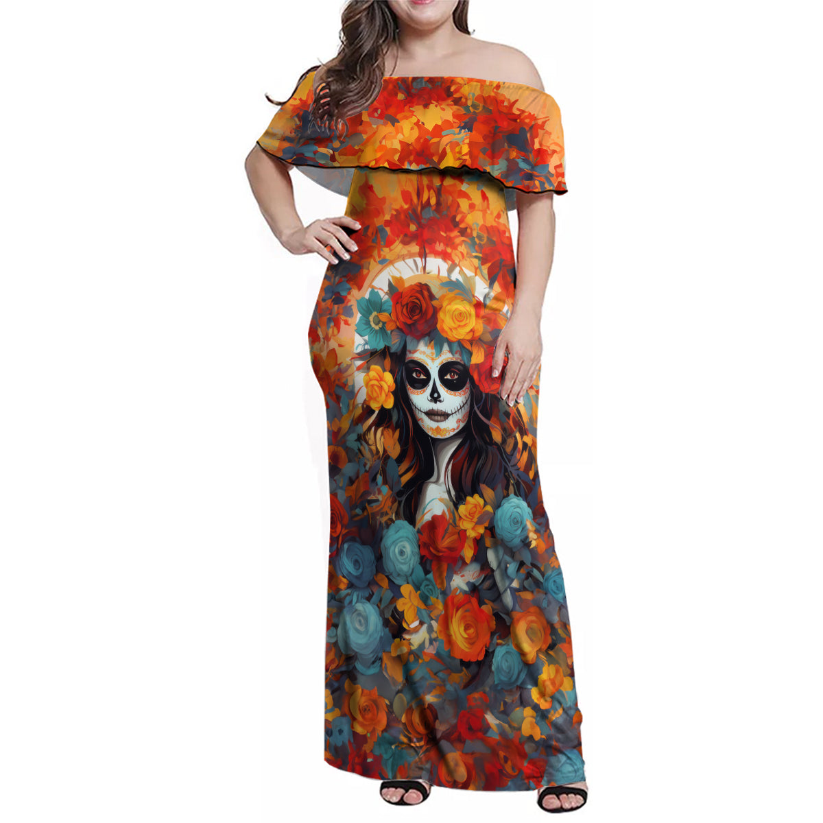 Day of Dead Lady Family Matching Off Shoulder Maxi Dress and Hawaiian Shirt Sugar Skull Field Rose Lady - Wonder Print Shop