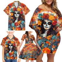 Day of Dead Lady Family Matching Off Shoulder Short Dress and Hawaiian Shirt Sugar Skull Field Rose Lady - Wonder Print Shop