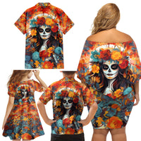 Day of Dead Lady Family Matching Off Shoulder Short Dress and Hawaiian Shirt Sugar Skull Field Rose Lady - Wonder Print Shop