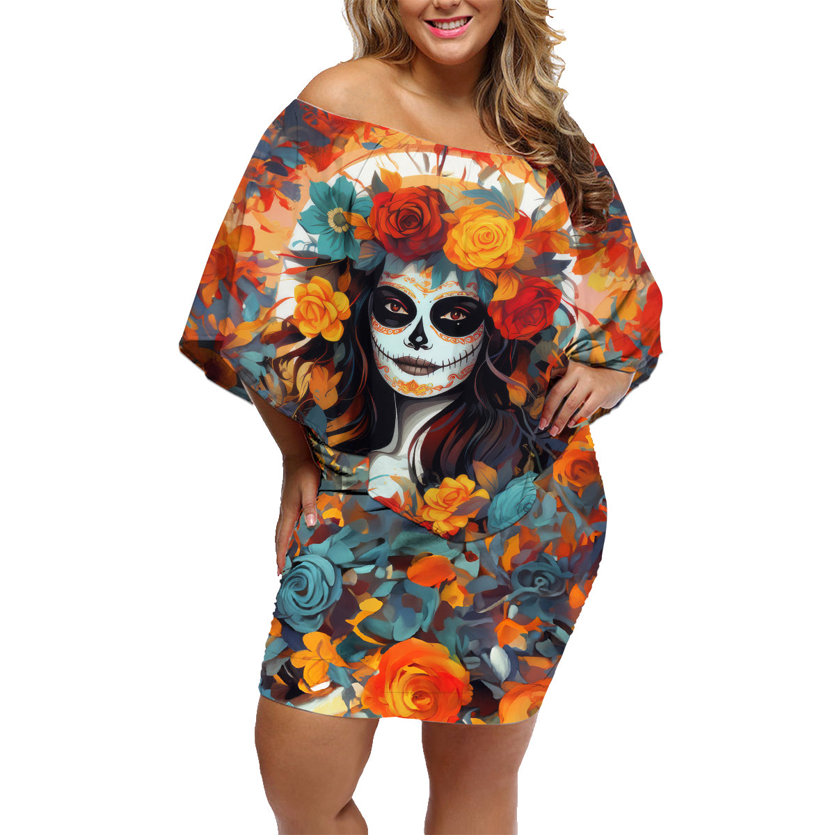 Day of Dead Lady Family Matching Off Shoulder Short Dress and Hawaiian Shirt Sugar Skull Field Rose Lady - Wonder Print Shop