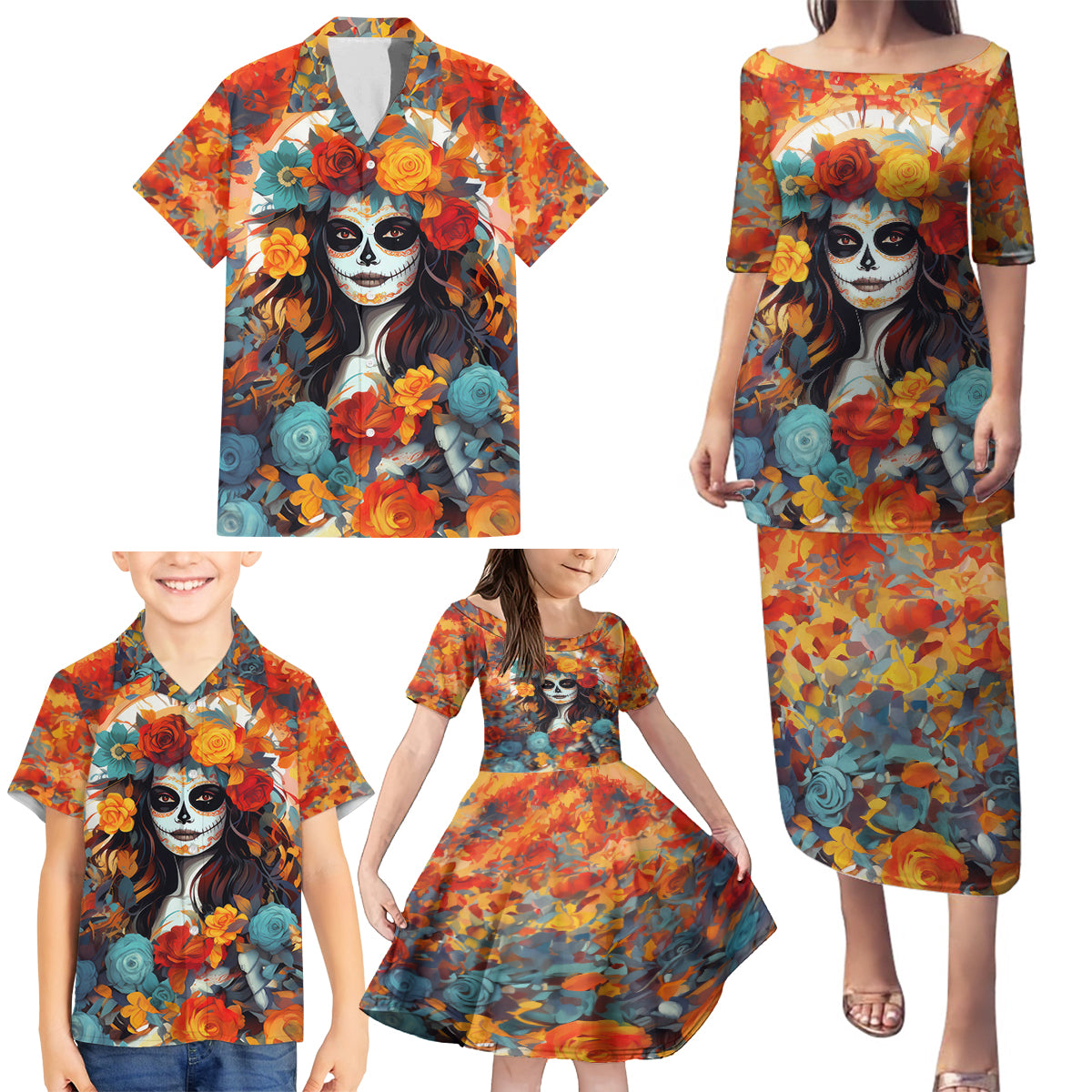 Day of Dead Lady Family Matching Puletasi Dress and Hawaiian Shirt Sugar Skull Field Rose Lady - Wonder Print Shop
