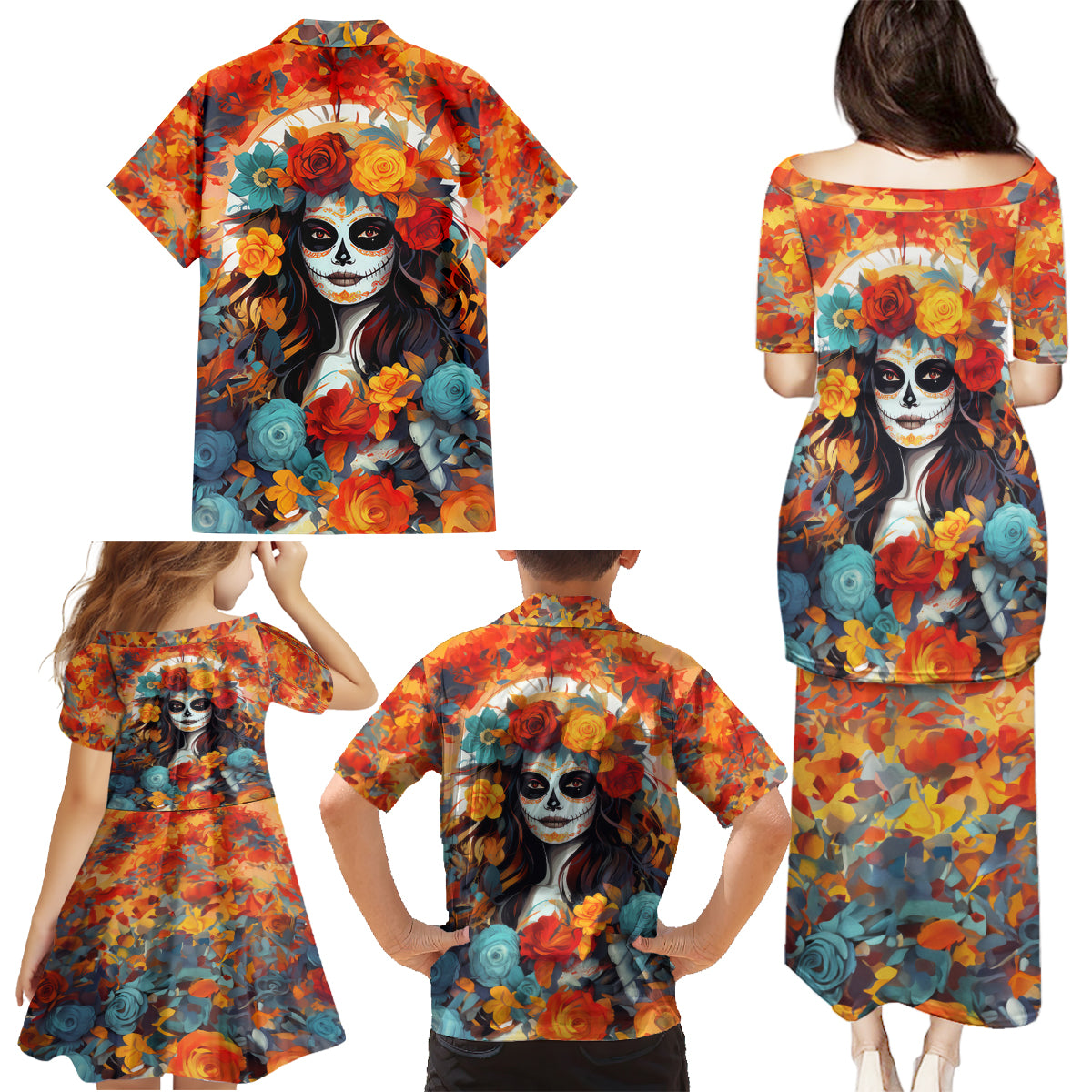 Day of Dead Lady Family Matching Puletasi Dress and Hawaiian Shirt Sugar Skull Field Rose Lady - Wonder Print Shop