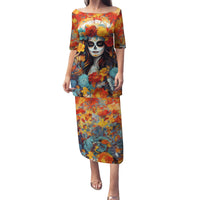 Day of Dead Lady Family Matching Puletasi Dress and Hawaiian Shirt Sugar Skull Field Rose Lady - Wonder Print Shop