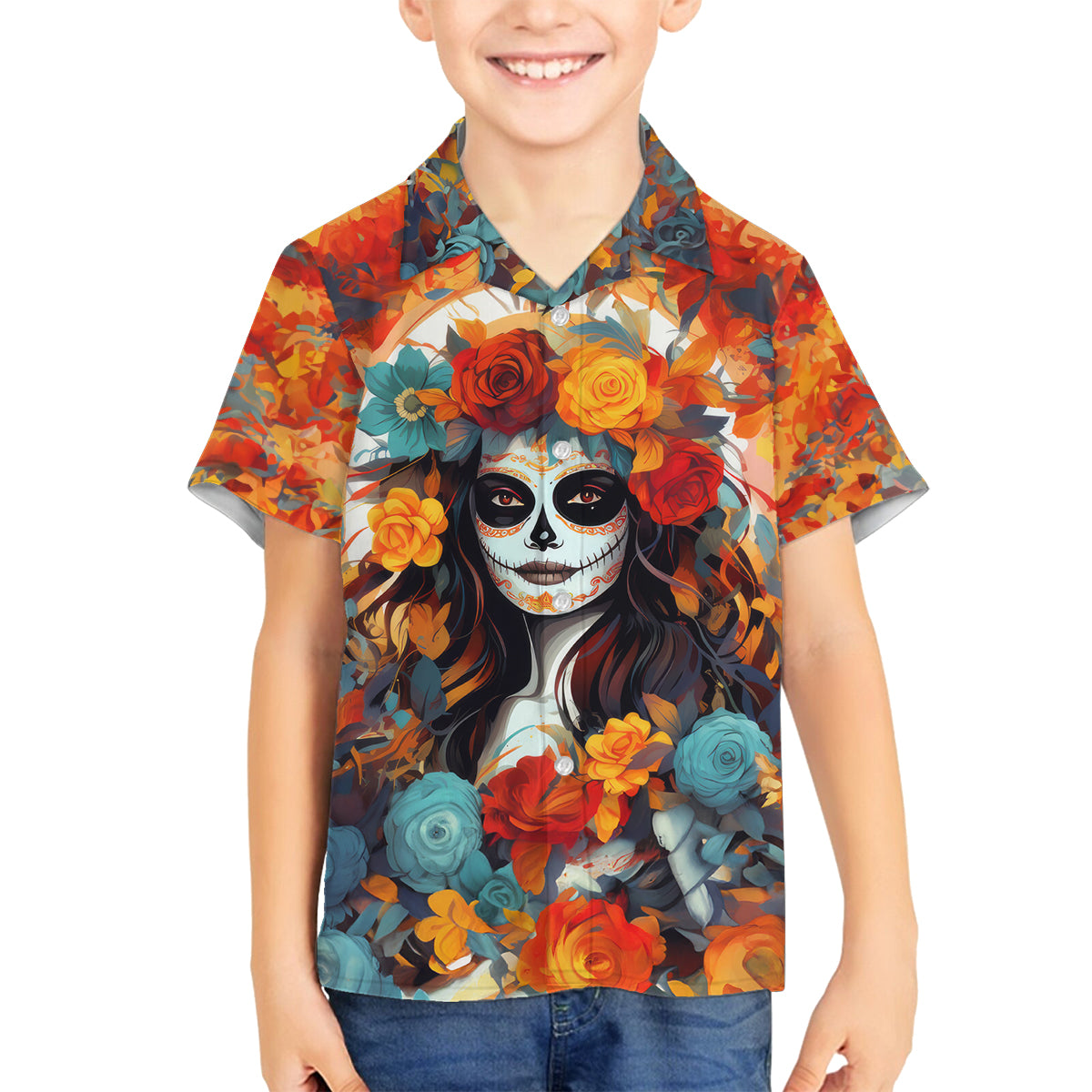 Day of Dead Lady Family Matching Puletasi Dress and Hawaiian Shirt Sugar Skull Field Rose Lady - Wonder Print Shop