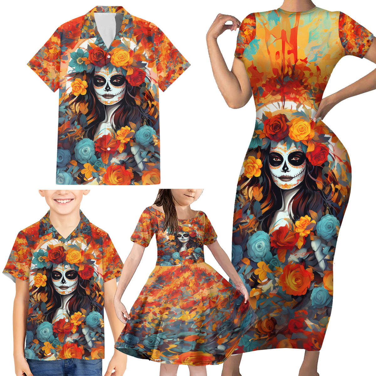Day of Dead Lady Family Matching Short Sleeve Bodycon Dress and Hawaiian Shirt Sugar Skull Field Rose Lady - Wonder Print Shop