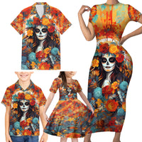 Day of Dead Lady Family Matching Short Sleeve Bodycon Dress and Hawaiian Shirt Sugar Skull Field Rose Lady - Wonder Print Shop