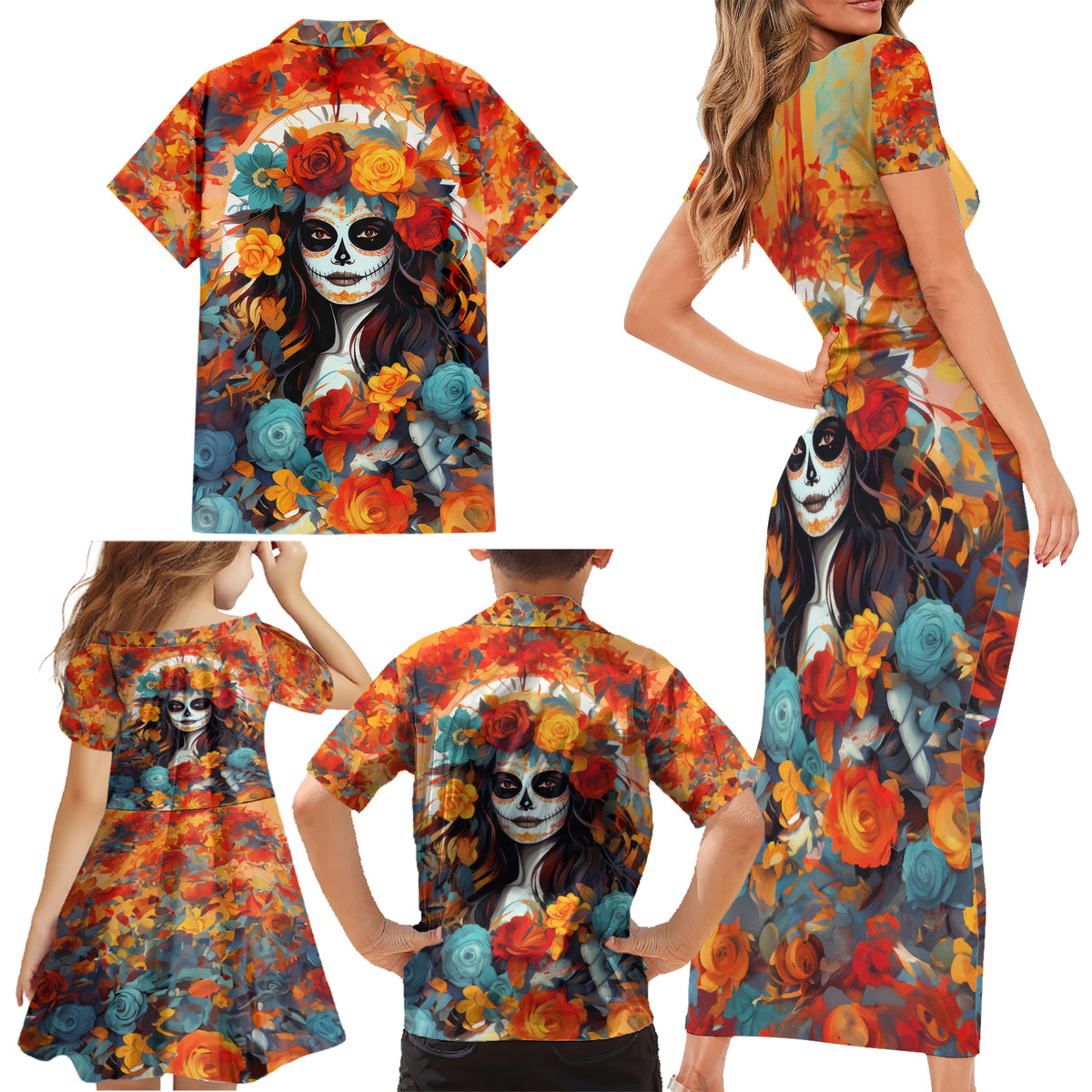 Day of Dead Lady Family Matching Short Sleeve Bodycon Dress and Hawaiian Shirt Sugar Skull Field Rose Lady - Wonder Print Shop