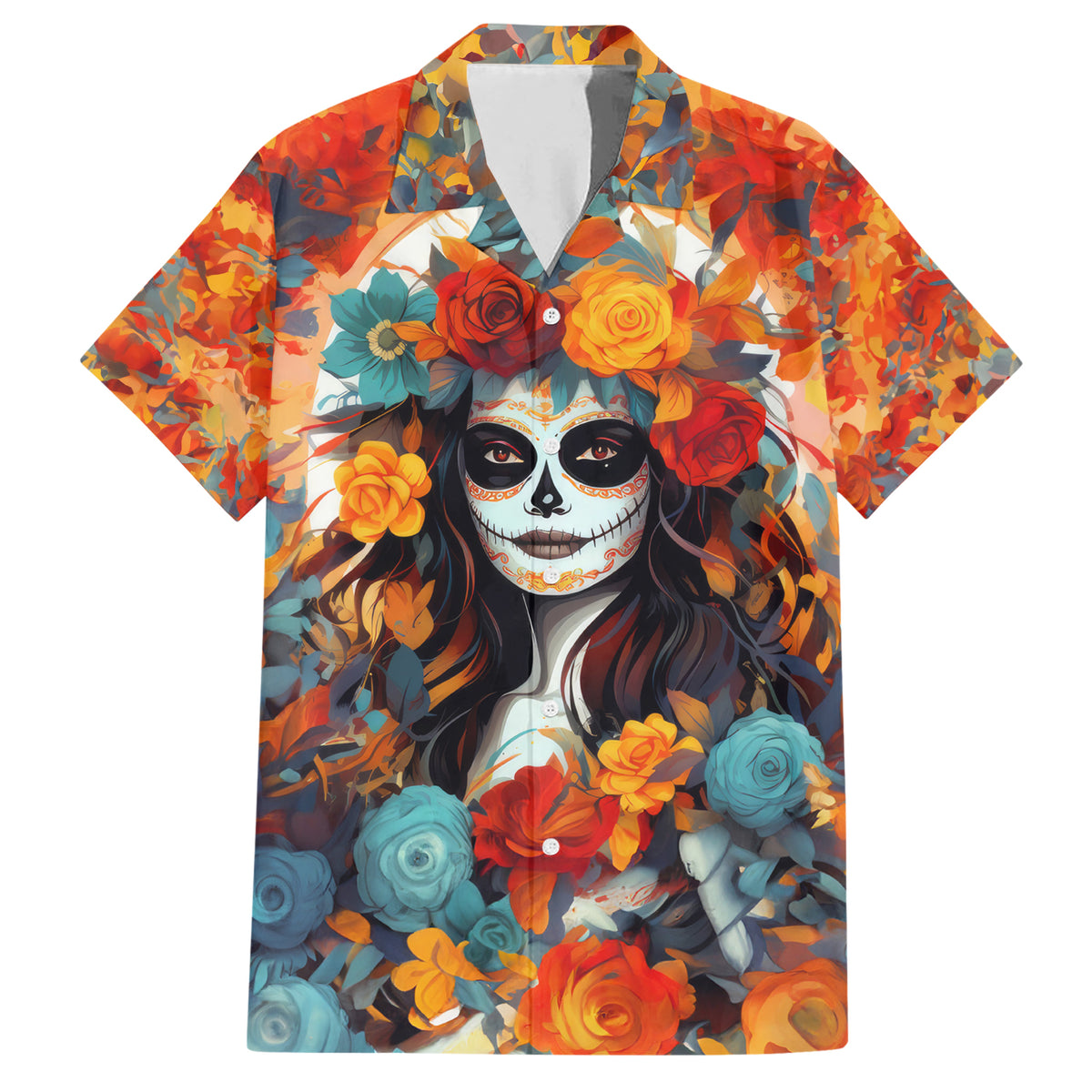 Day of Dead Lady Family Matching Short Sleeve Bodycon Dress and Hawaiian Shirt Sugar Skull Field Rose Lady - Wonder Print Shop
