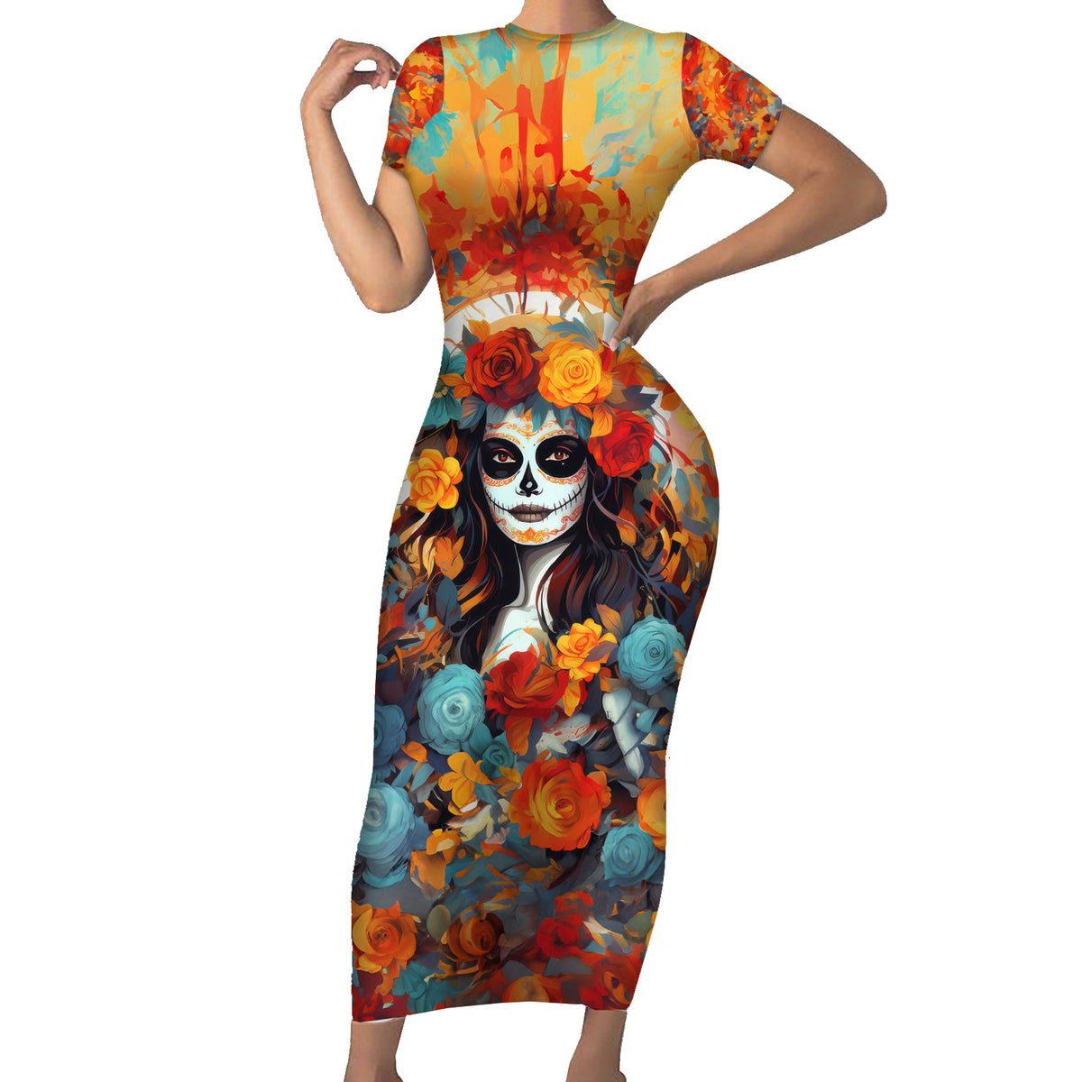 Day of Dead Lady Family Matching Short Sleeve Bodycon Dress and Hawaiian Shirt Sugar Skull Field Rose Lady - Wonder Print Shop
