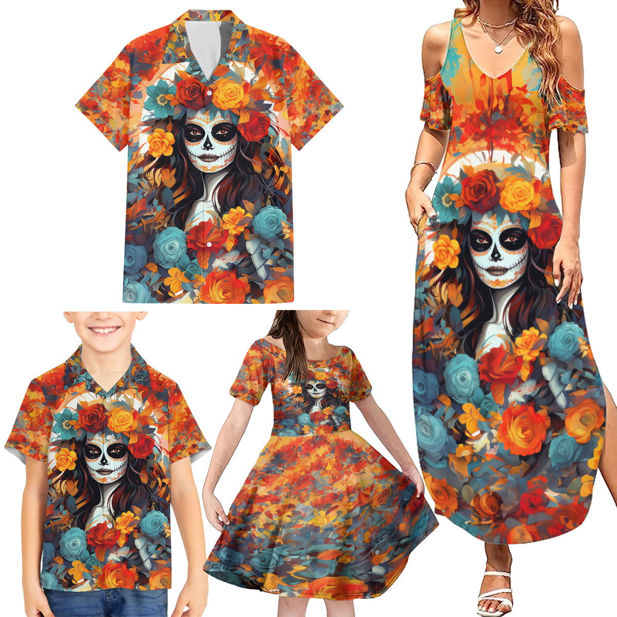 Day of Dead Lady Family Matching Summer Maxi Dress and Hawaiian Shirt Sugar Skull Field Rose Lady - Wonder Print Shop