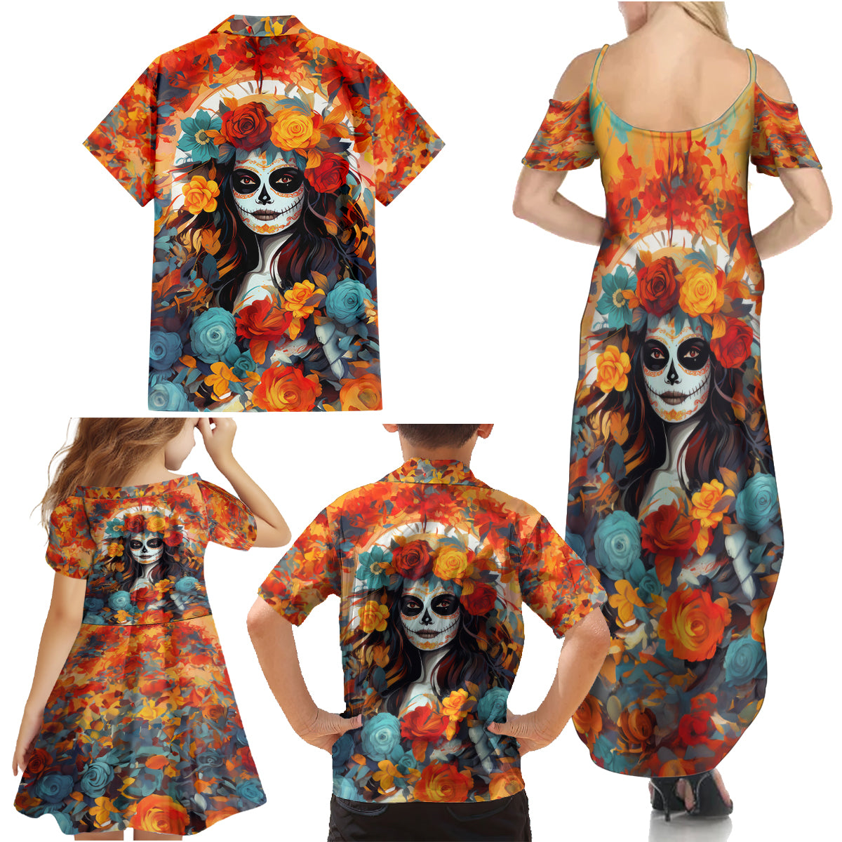 Day of Dead Lady Family Matching Summer Maxi Dress and Hawaiian Shirt Sugar Skull Field Rose Lady - Wonder Print Shop