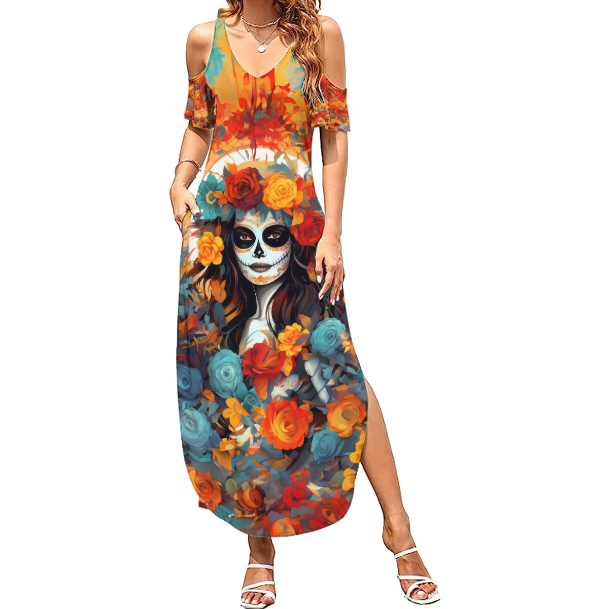 Day of Dead Lady Family Matching Summer Maxi Dress and Hawaiian Shirt Sugar Skull Field Rose Lady - Wonder Print Shop
