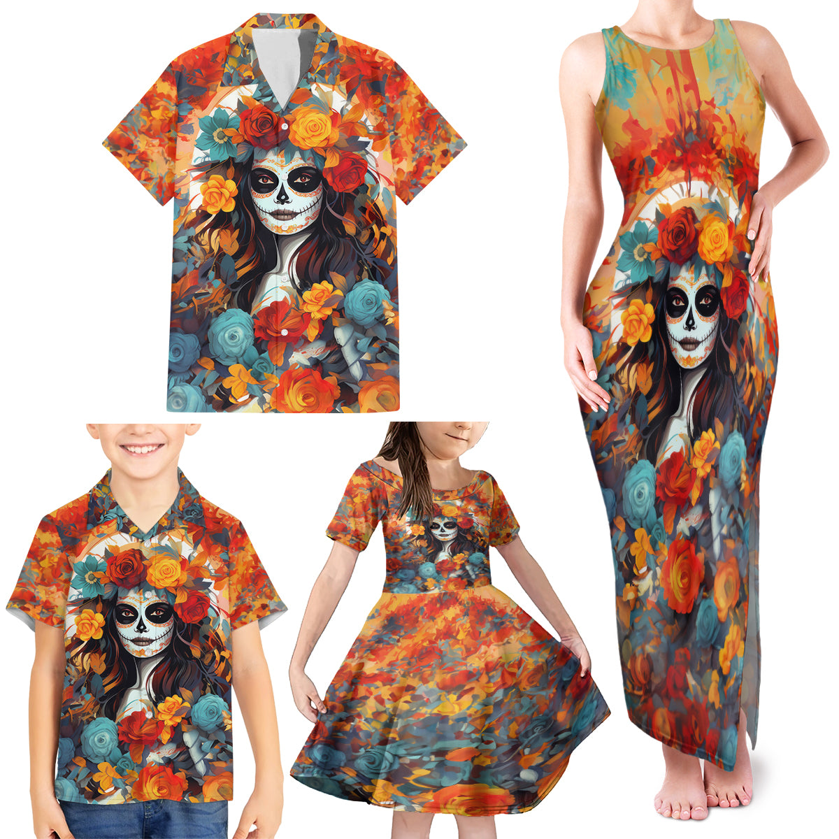 Day of Dead Lady Family Matching Tank Maxi Dress and Hawaiian Shirt Sugar Skull Field Rose Lady - Wonder Print Shop