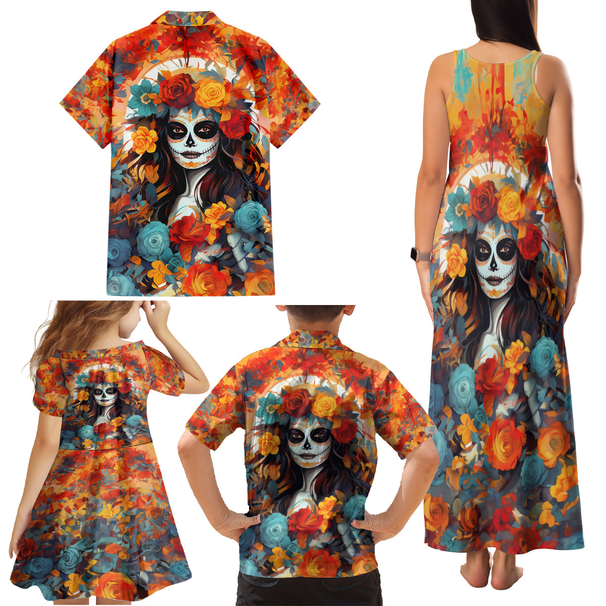 Day of Dead Lady Family Matching Tank Maxi Dress and Hawaiian Shirt Sugar Skull Field Rose Lady - Wonder Print Shop