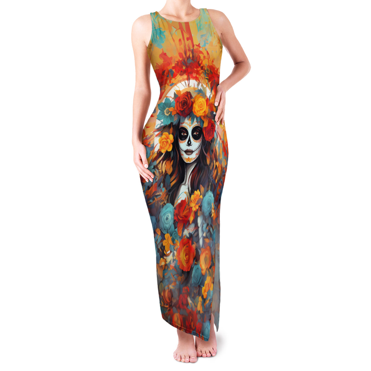 Day of Dead Lady Family Matching Tank Maxi Dress and Hawaiian Shirt Sugar Skull Field Rose Lady - Wonder Print Shop