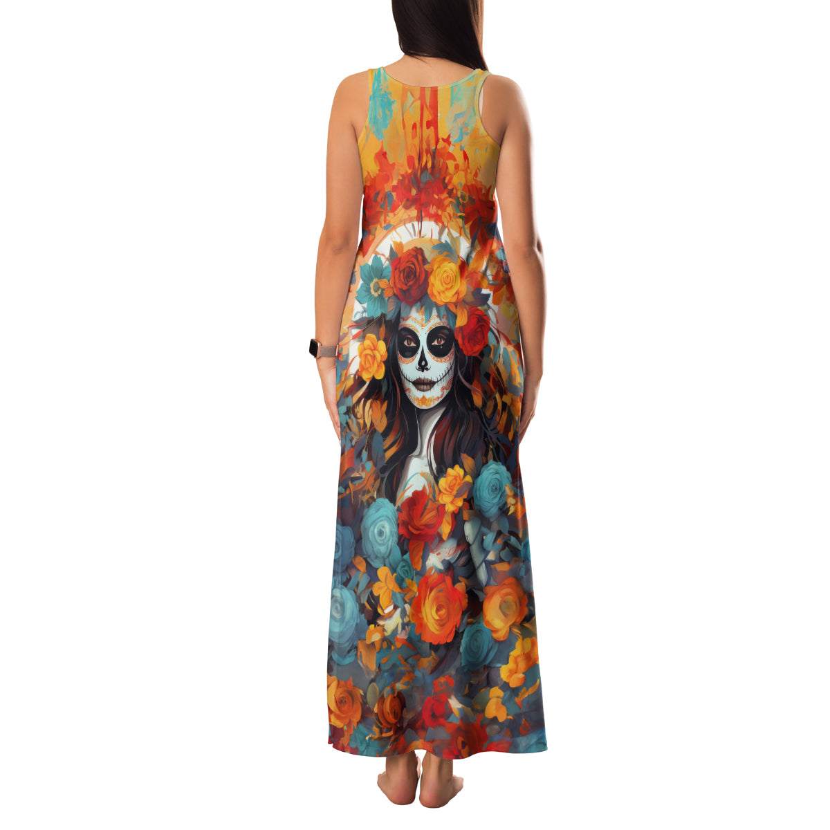 Day of Dead Lady Family Matching Tank Maxi Dress and Hawaiian Shirt Sugar Skull Field Rose Lady - Wonder Print Shop
