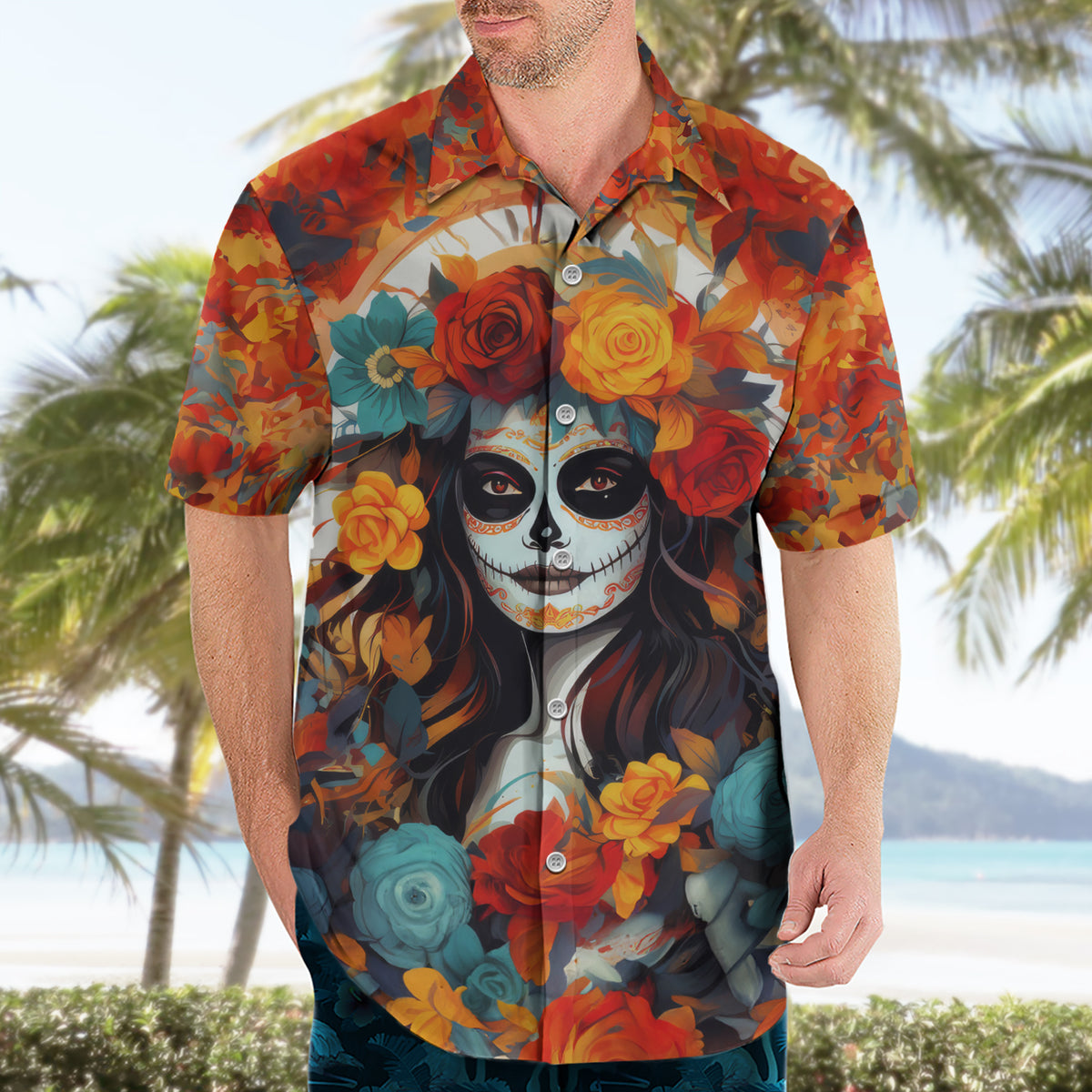 Day of Dead Lady Hawaiian Shirt Sugar Skull Field Rose Lady - Wonder Print Shop