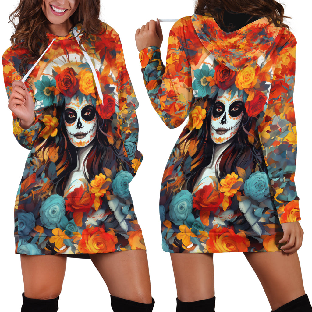 Day of Dead Lady Hoodie Dress Sugar Skull Field Rose Lady - Wonder Print Shop
