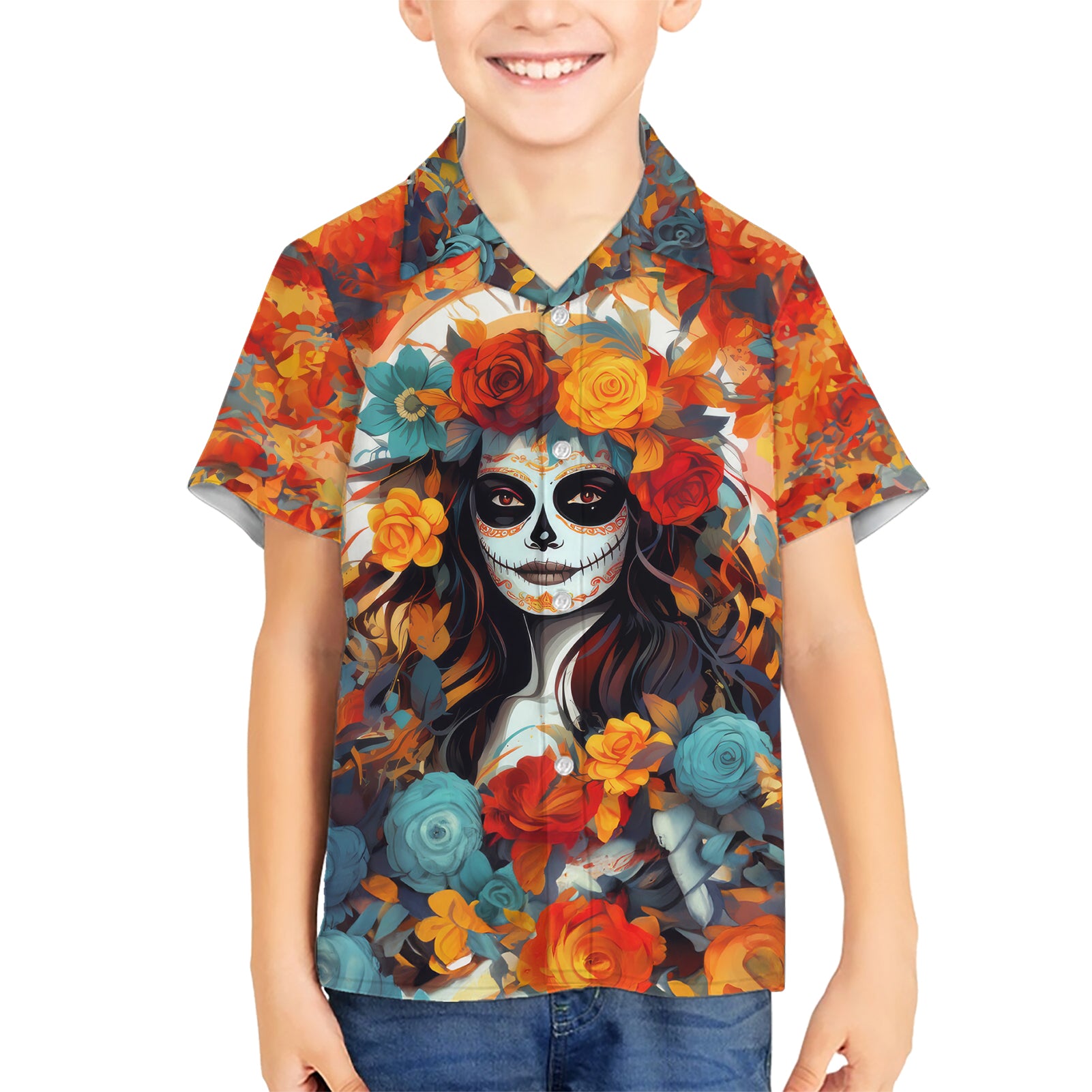 Day of Dead Lady Kid Hawaiian Shirt Sugar Skull Field Rose Lady - Wonder Print Shop