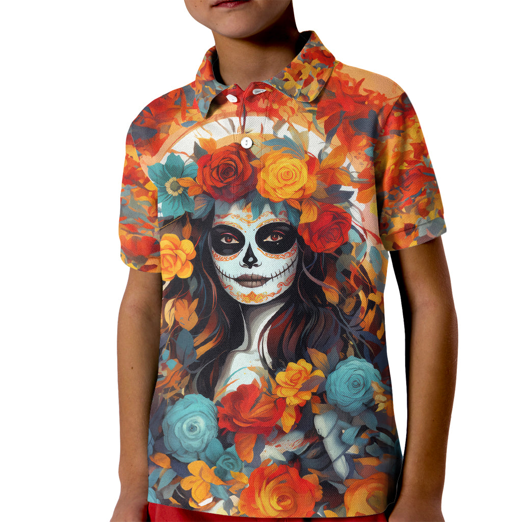 Day of Dead Lady Kid Polo Shirt Sugar Skull Field Rose Lady - Wonder Print Shop