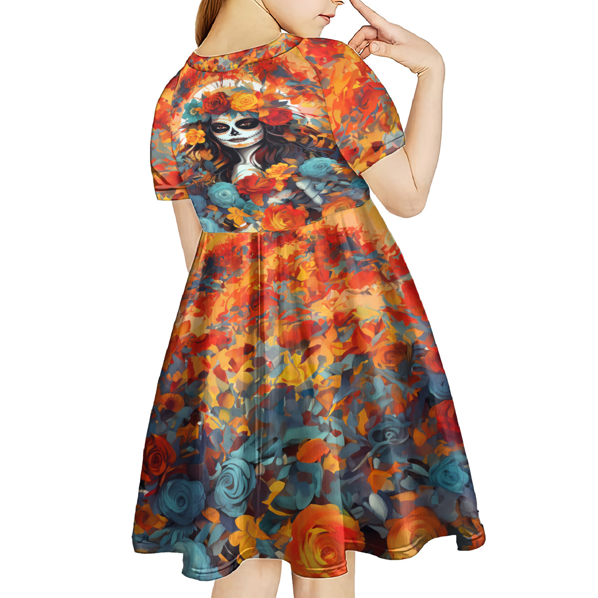 Day of Dead Lady Kid Short Sleeve Dress Sugar Skull Field Rose Lady - Wonder Print Shop